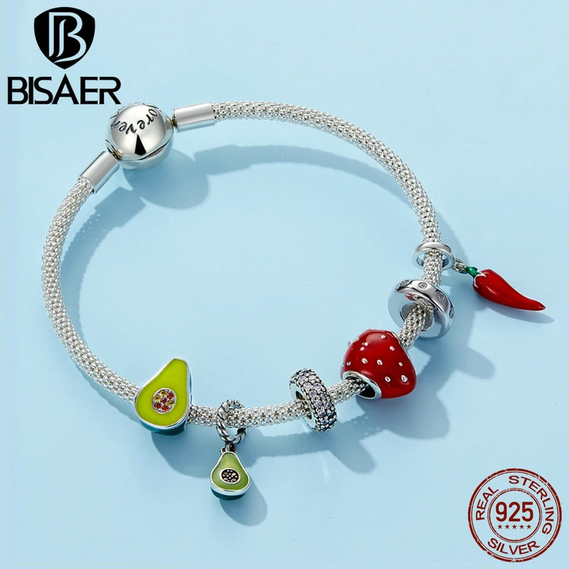 BISAER 925 Sterling Silver Red Wine Glass Rose Charm Bead Cherry Fruit Pendant Fit Girl Bracelet&Necklace DIY Fine Jewelry Gift