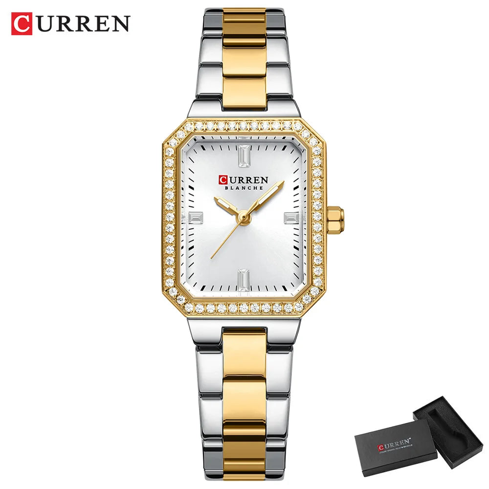 CURREN Luxurious Elegant Women's Watches Classic Rectangular Dial with Rhinestones Luminous Hands Waterproof