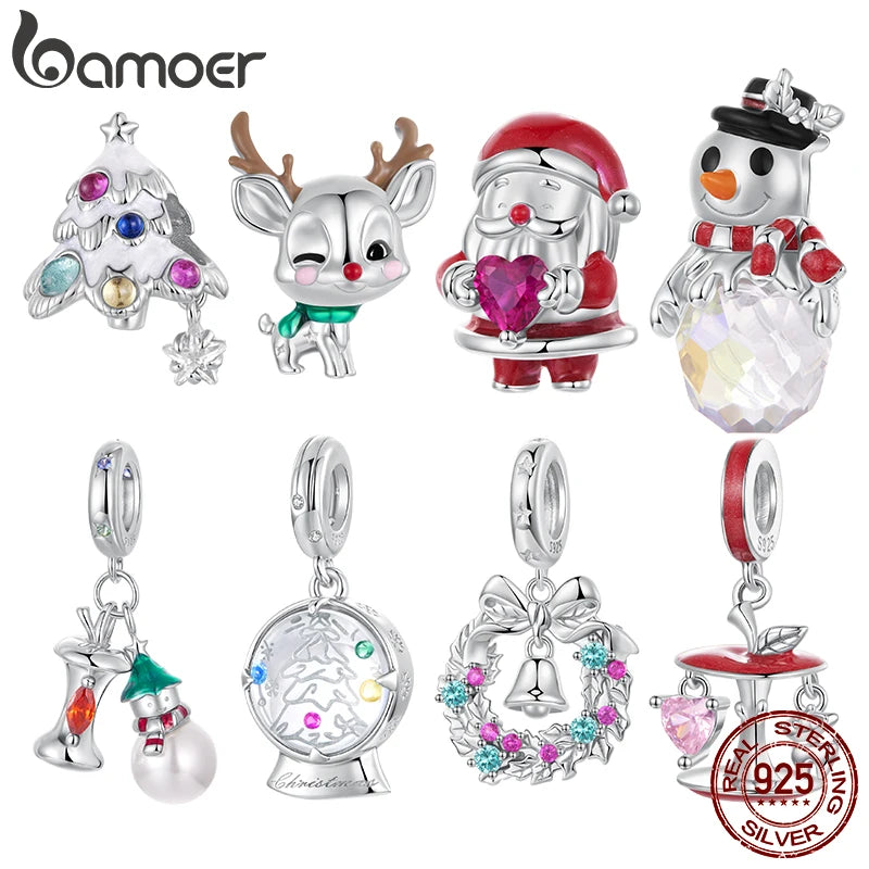 Bamoer 925 Sterling Silver Christmas Charm for Bracelet Santa Claus Snowman Reindeer Apple Pendant Beads Gift for Women Friends