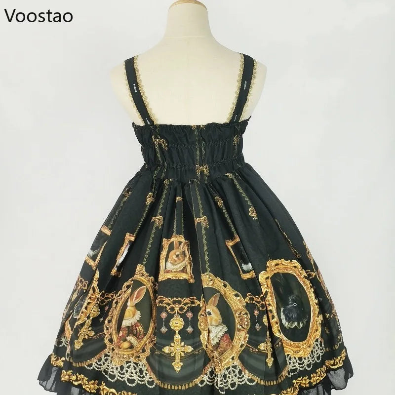 Vintage Gothic Lolita Jsk Dress Women Sweet Cute Rabbit Print Sleeveless Tea Party Dresses Japanese Girls Kawaii Y2k Fairy Dress