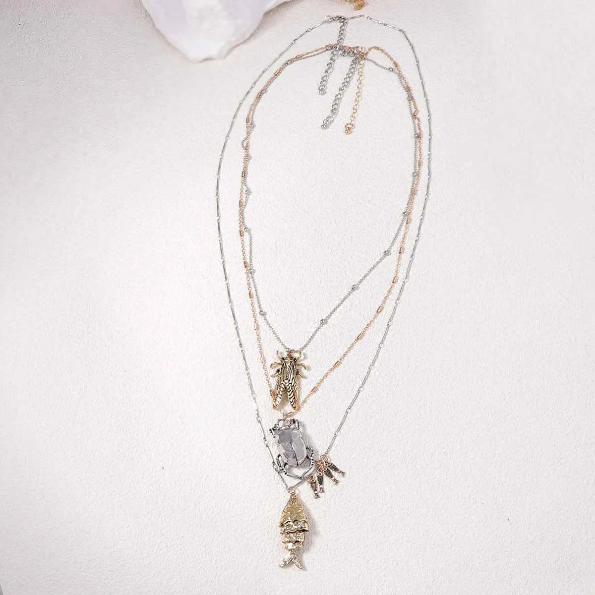 ZZAA Personalized Trendy Insect Beetle Knows Fish Pendant Multi Layer Necklace