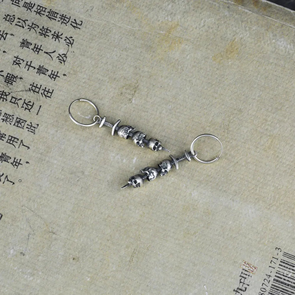 MKENDN Gothic 925 Sterling Silver Ear Rings Sword Piercing Three Skull Earrings For Men Women Punk Rock Style Piercing Jewelry