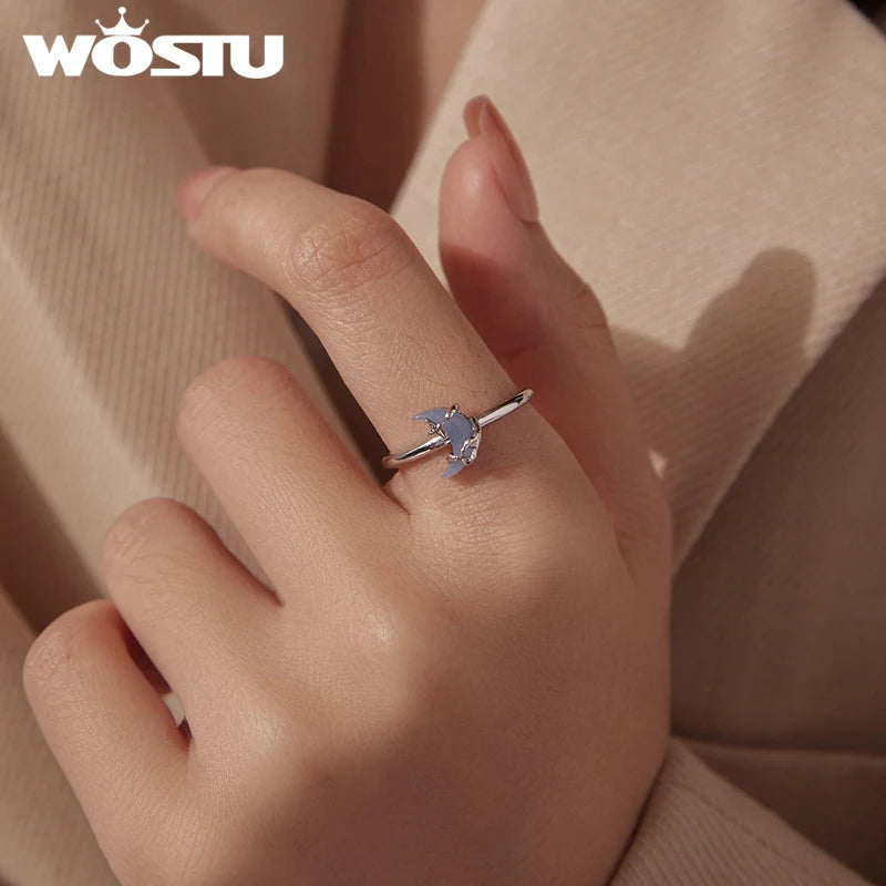 WOSTU 925 Sterling Silver Luminous Ring, Glow in The Dark Moon Star Ring for Women, Star Moon Minimalist Astronogy Lover Gift