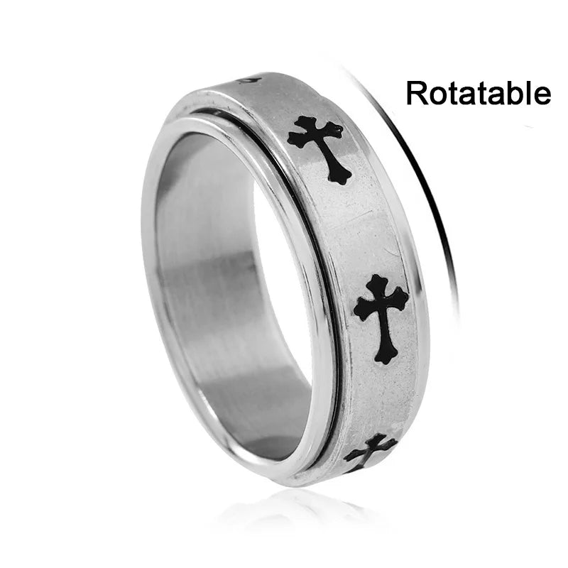 Rotatable Metal Cross Ring For Men Women Silver Color Stainless Steel Ring Punk Gothic Simple Accessories Christian Jewelry Gift