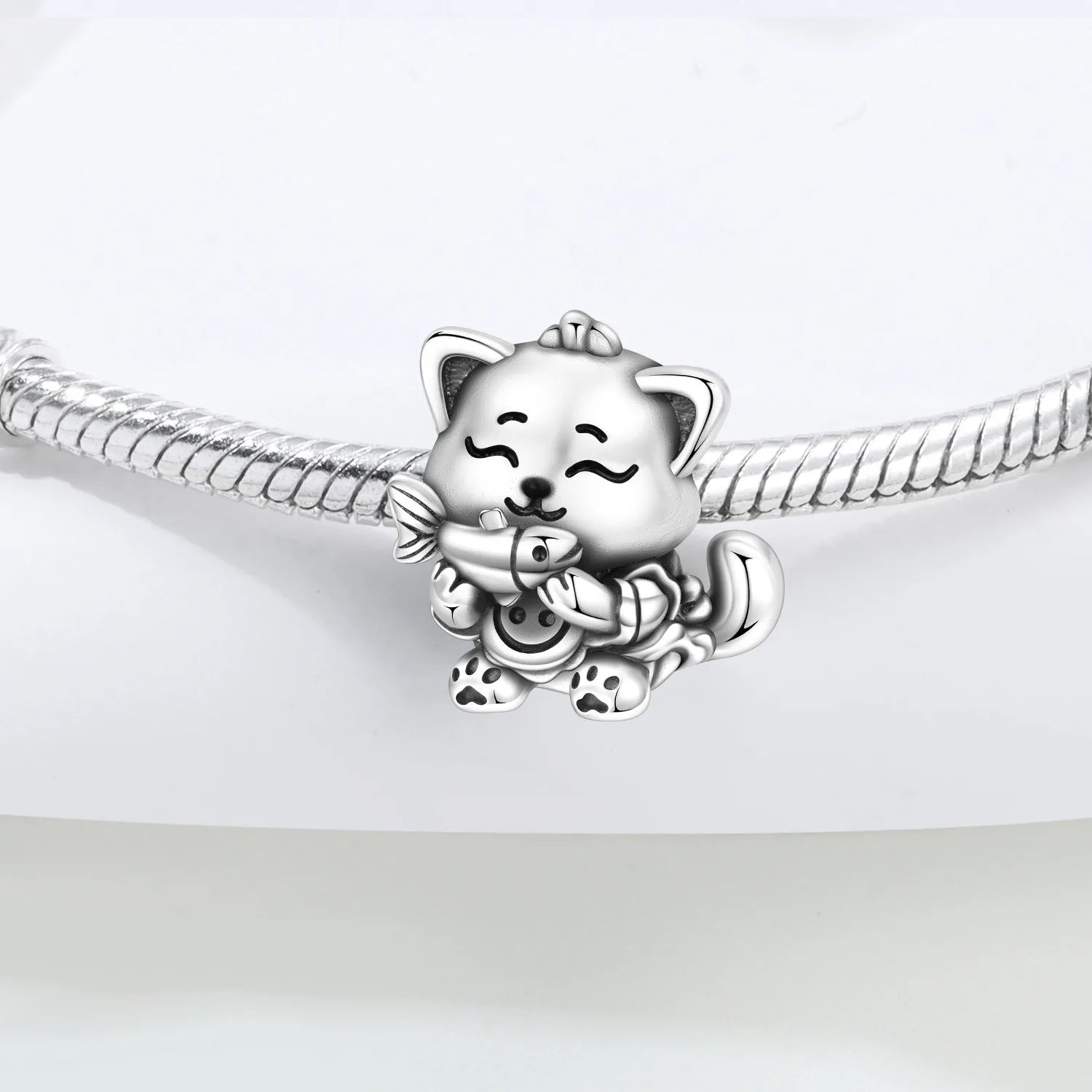 PANPOKI 925 Sterling Silver Fish Eating Cats Animals Pet Beads Original Pendants Bracelet Charm Jewelry Party DIY Trendy Gifts