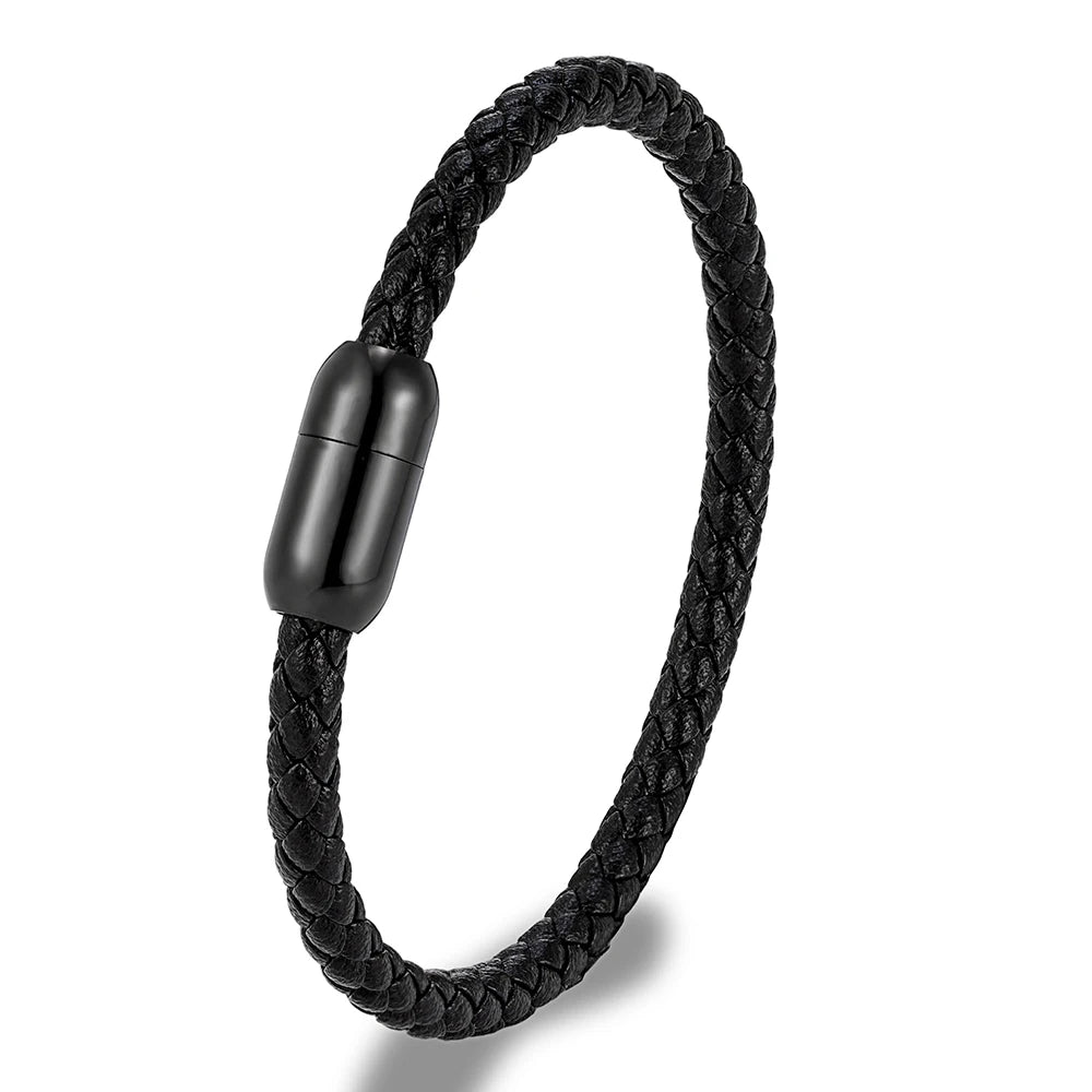 MKENDN Classic Men Leather Bracelet Woven Braided Leather Bracelets For Women Black Stainless Steel Jewelry Charm bangle