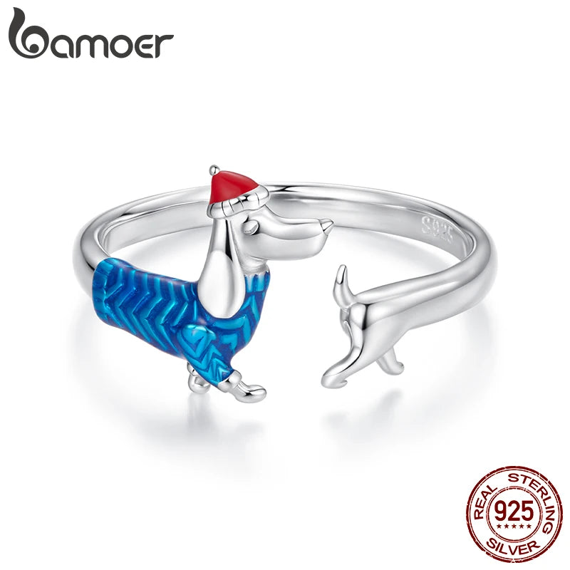 Bamoer 925 Sterling Silber Süßer Weihnachtsring mit Dackelmotiv, offener Ring, verstellbar, farbenfroh, für Damen und Teenager, schönes Weihnachtsgeschenk