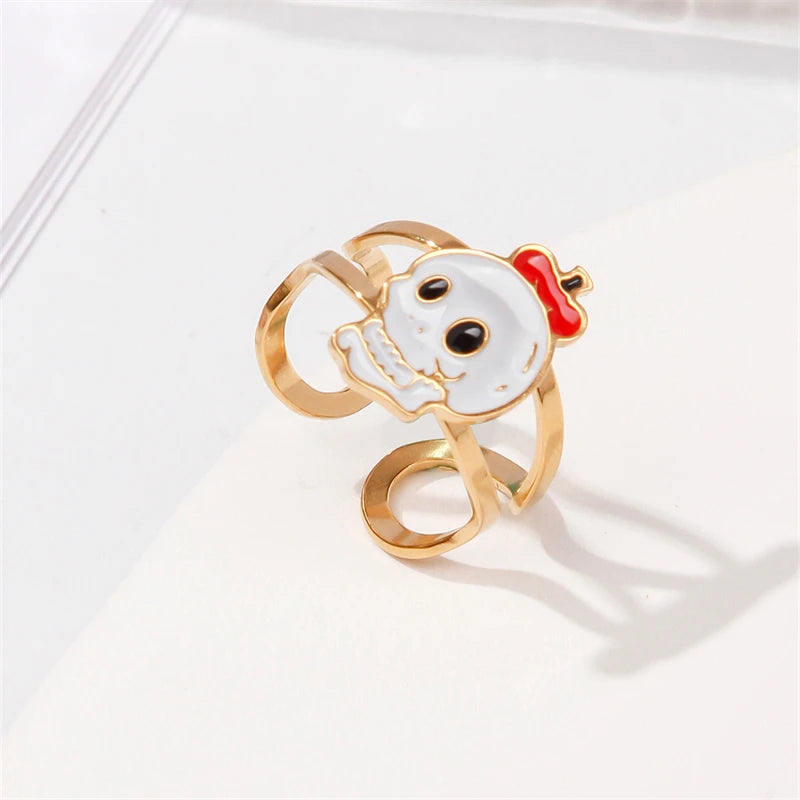 Niche Design Halloween Stainless Steel Ring For Women Cute Cartoon Ghost Pumpkin Skull Bat Adjustable Finger Ring Party Jewelry