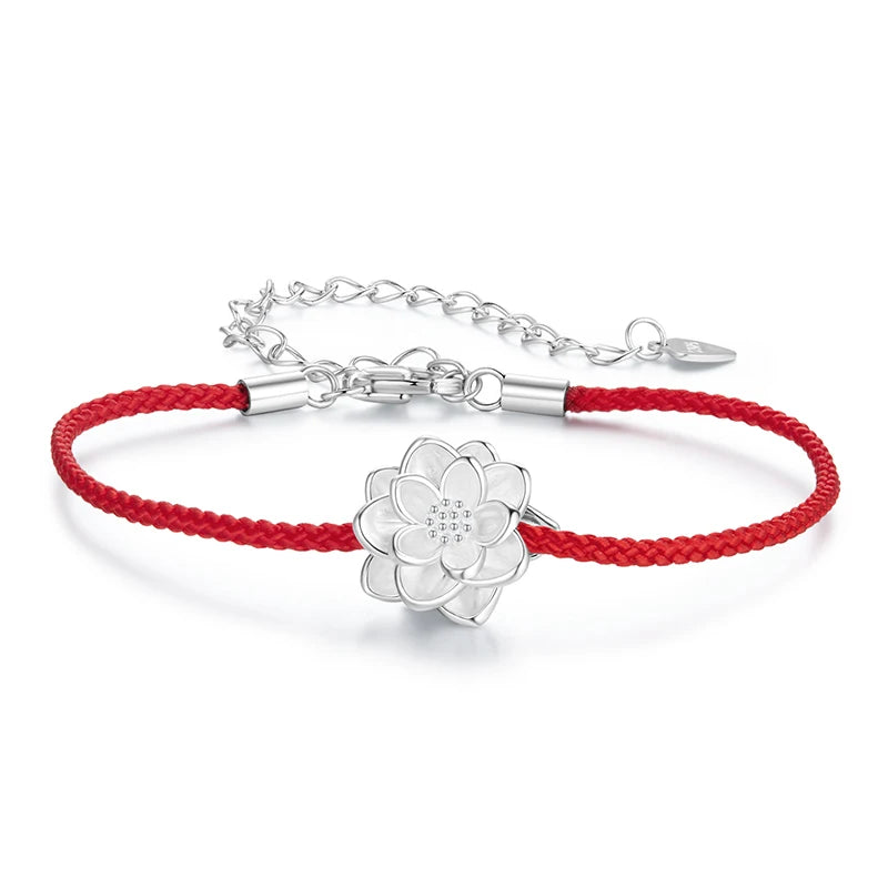 WOSTU Lotus Red Braided Cord Wrist Bracelet for Women, 925 Sterling Silver Elegant 3D Flower Charm Adjustable Rope Bangle