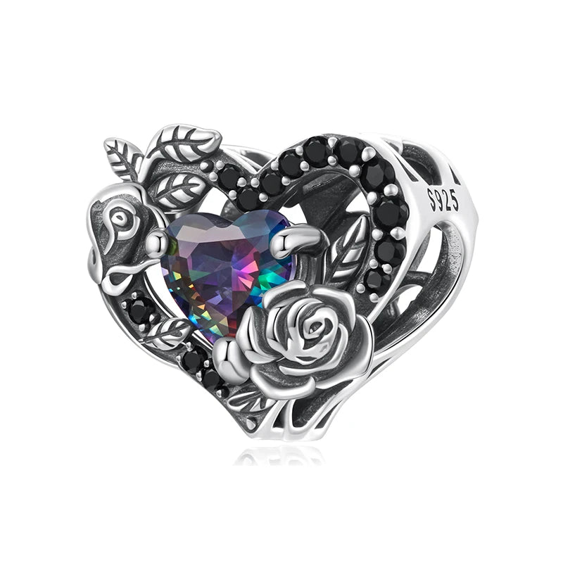 WOSTU 925 Sterling Silver Vintage Gothic Black Rose Flower Heart Beads, Retro Pearl Pendant Rainbow Charms Fit DIY Jewelry Make