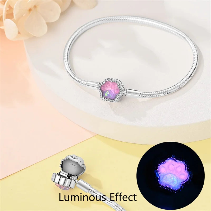 New Bracelets 925 Silver Original Pink Princess Glow Cat Claws Heart Shaped Bracelets Fit DIY Charms Beads Birthday Jewelry Gift