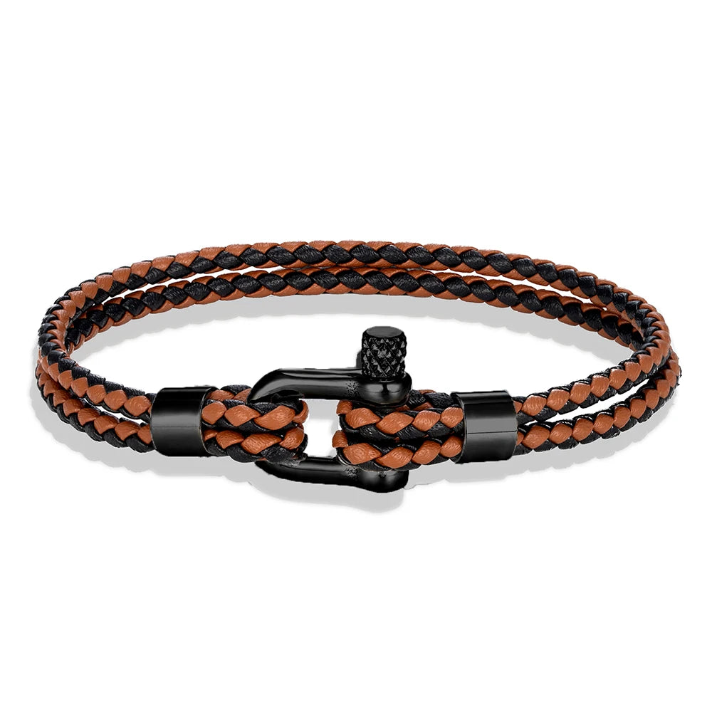 MKENDN Gold Plated Stainless Steel Shackle Bracelet Men Women Simple Double Layer Braided Blue Leather Bracelets Handmade Gifts
