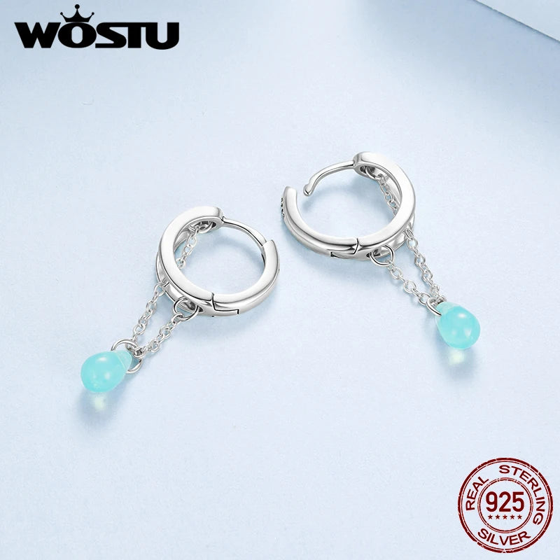 WOSTU Real 925 Sterling Silver Original Long Link Green Crystal Drop Earrings For Women Water drop Tessel Ear Hoops Party Gift