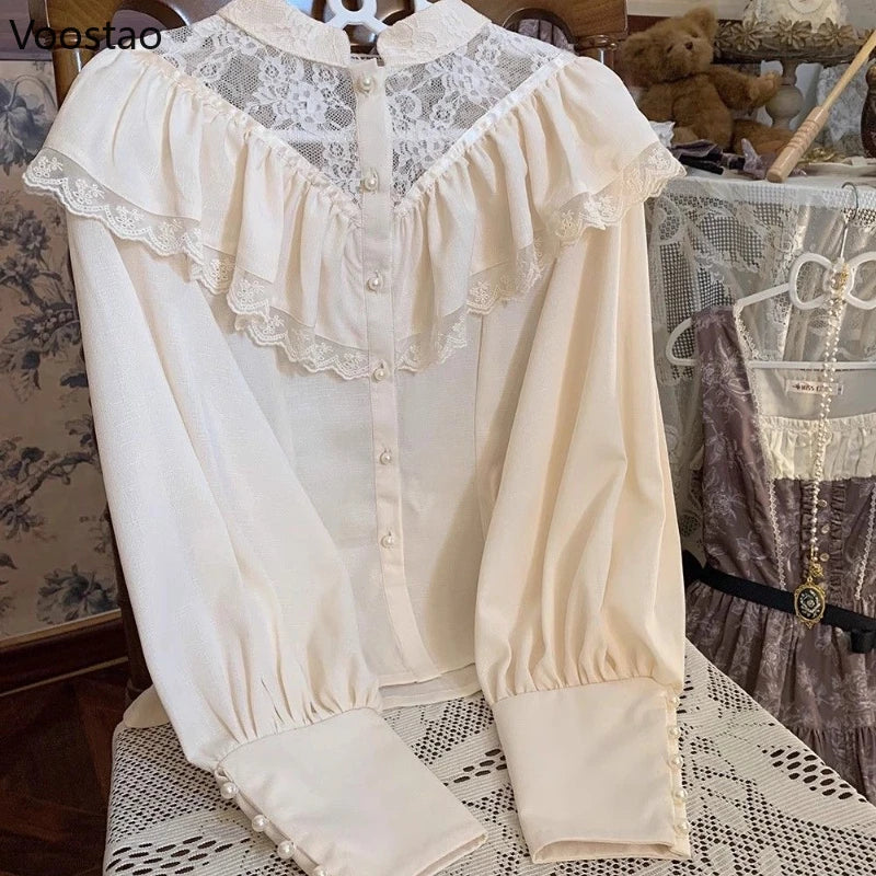 Gothic Y2k Lolita Style Shirts Women Vintage Long Sleeve Princess Blouses Girls Victorian Sweet Lace Ruffles Tops Blusas Mujer