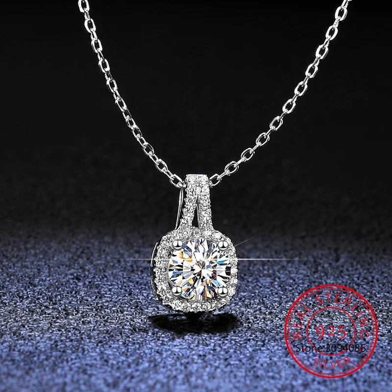 Full Moissanite Square Pendant Necklace Center 1CT Round Cut Diamond Emerald Cut Halo Design Necklace 14K Plated Silver Jewelry