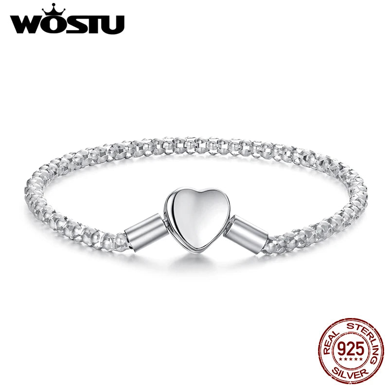 WOSTU 925 Sterling Silver Simple Love Heart Bangle Bracelet Simple Basic Bangles Fit Original Charms Beads DIY Gift for mom