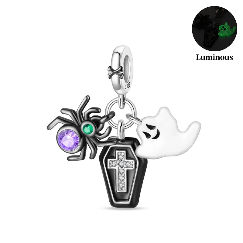 2024 New 925 Sterling Luminous Halloween Skull Witch Pumpkin Candy Charms Beads Fit 3mm Original Bracelets DIY Party Jewelry