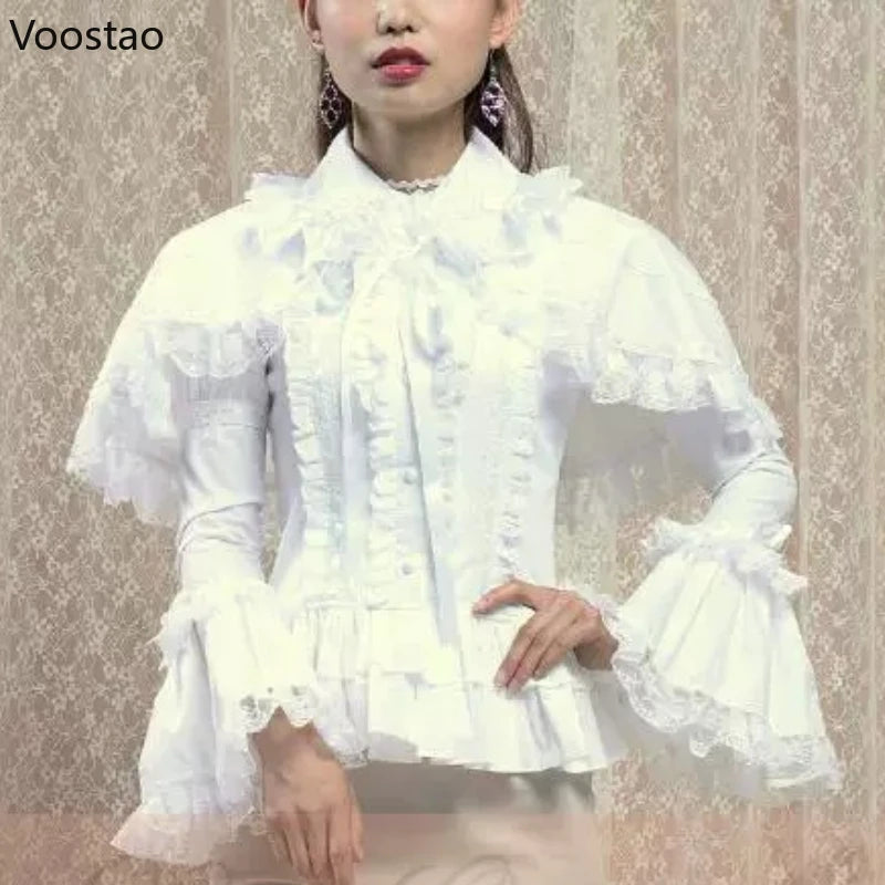 Gothic Y2k Lolita Style Cloak Shirts Japanese Women Lace Ruffles Flare Long Sleeves Blouse Female Victorian Vintage Slim Tops