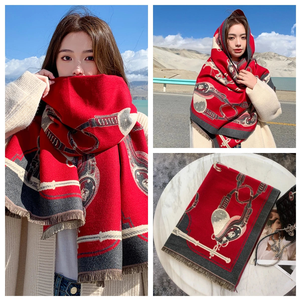 Women's Autumn Winter Horse Pattern Scarf New Luxury Cashmere Feeling Large Blanket Wrap Soft Warm Brand Shawl Retro & Classical - Madeinsea©