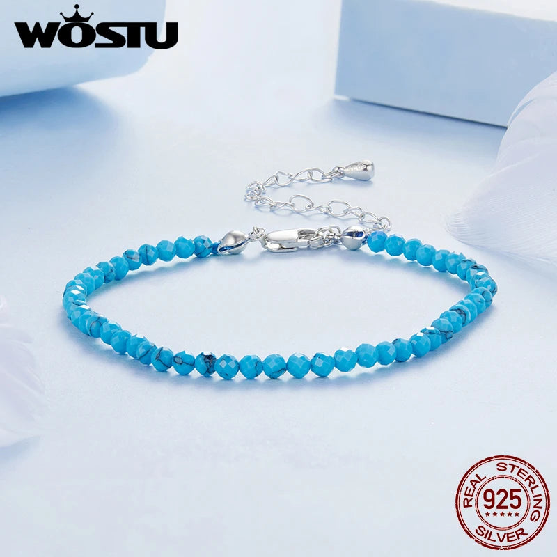WOSTU 925 Sterling Silver Handmade Blue Green Turquoise Bracelet For Women Stackable Bohemia Chain Links Summer Jewelry Gift