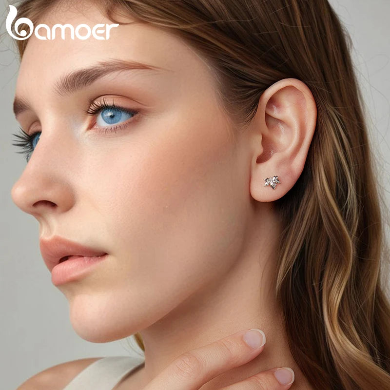BAMOER 925 Sterling Silver Falling Maple Leaves Stud Earrings For Women , Autumn Themed Flower Leaf Shape Piercing Earrings