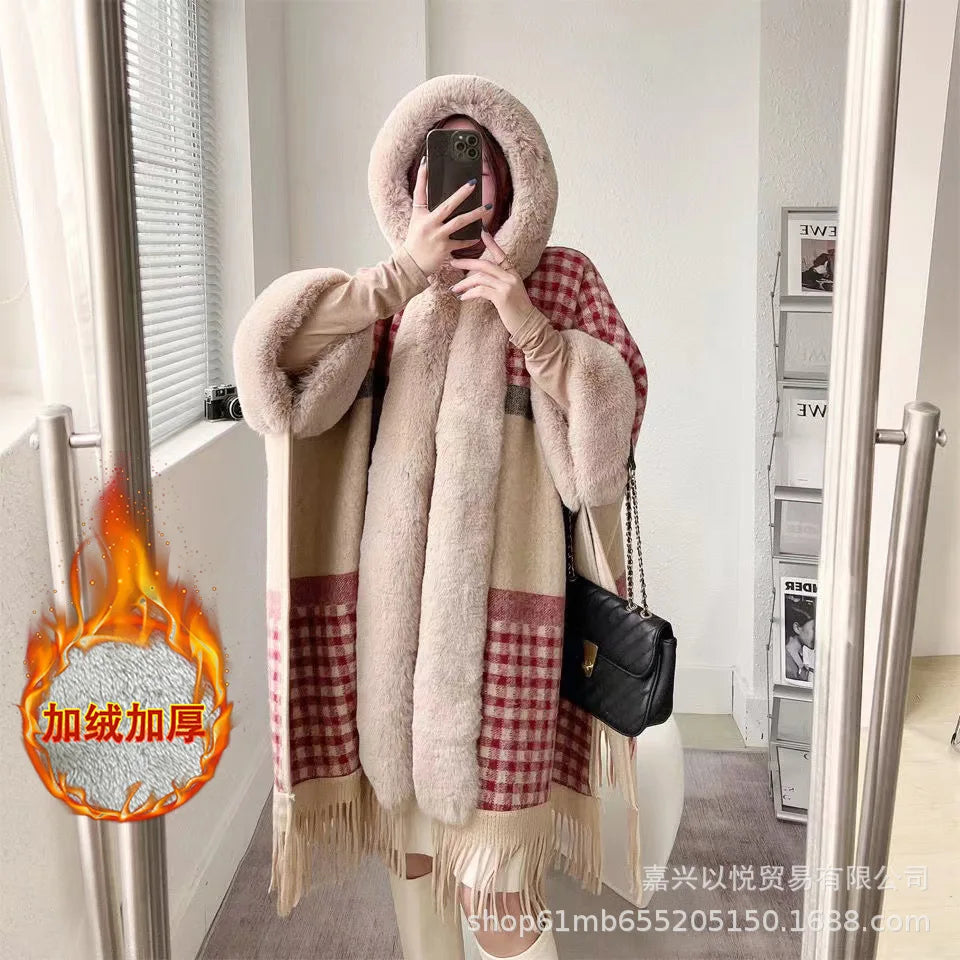 Faux Rabbit Fur Capes Coats Women Plaid Poncho Jackets Tassel Hooded Batwing Sleeves Open Stitch Loose Casual 2025 Autumn Winter