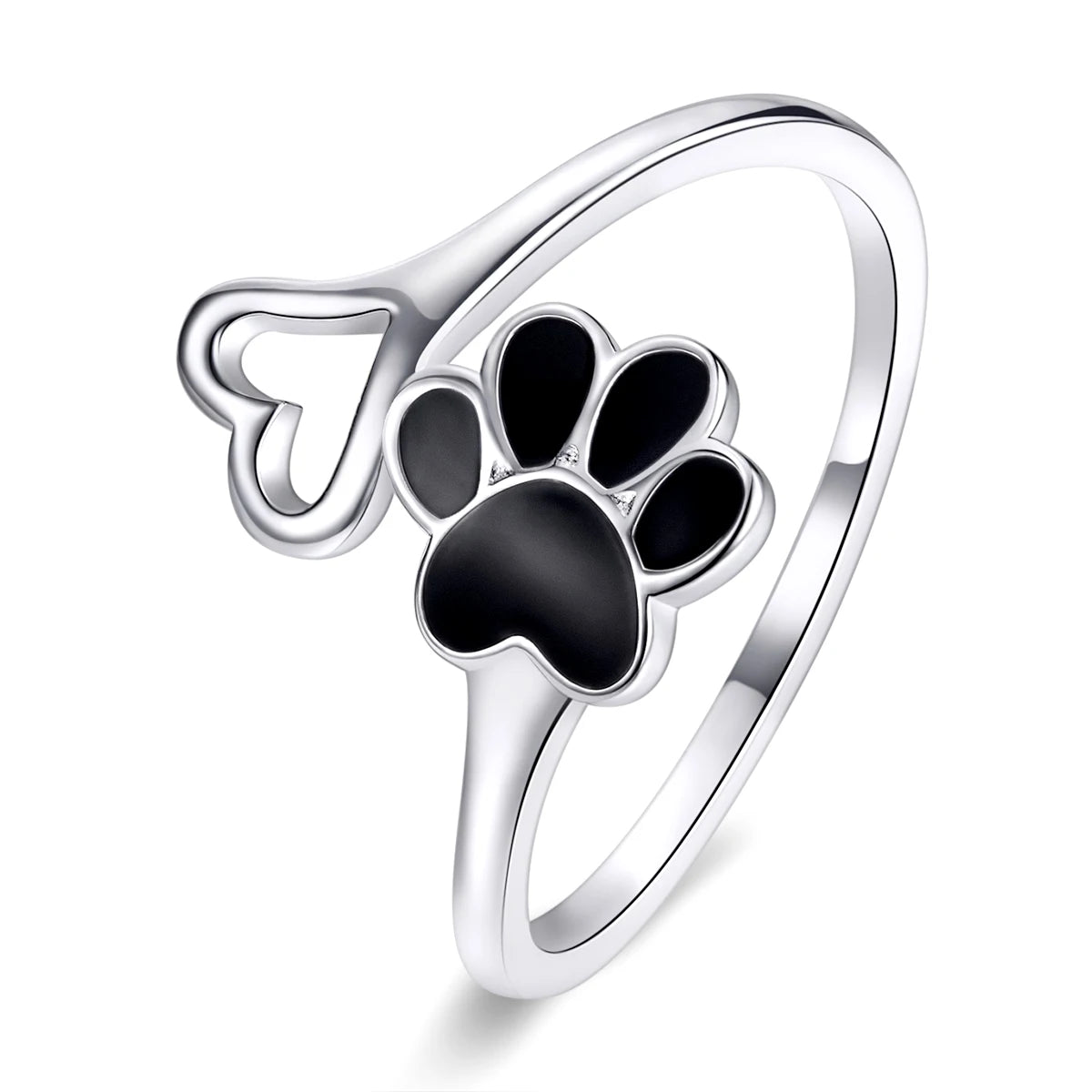 BISAER 925 Sterling Silver Cute Pet Paws Open Ring Black Enamel Hollow Heart Band Adjustable Size for Women Party Fine Jewelry