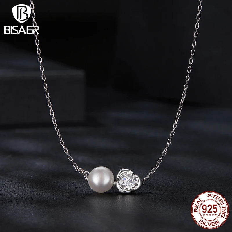 Collier BISAER Moissanite Rose en Argent Sterling 925 Chaîne de Perles Plaqué Or Blanc Coupe Diamant Cultivé en Laboratoire Mariage Bijoux Fins