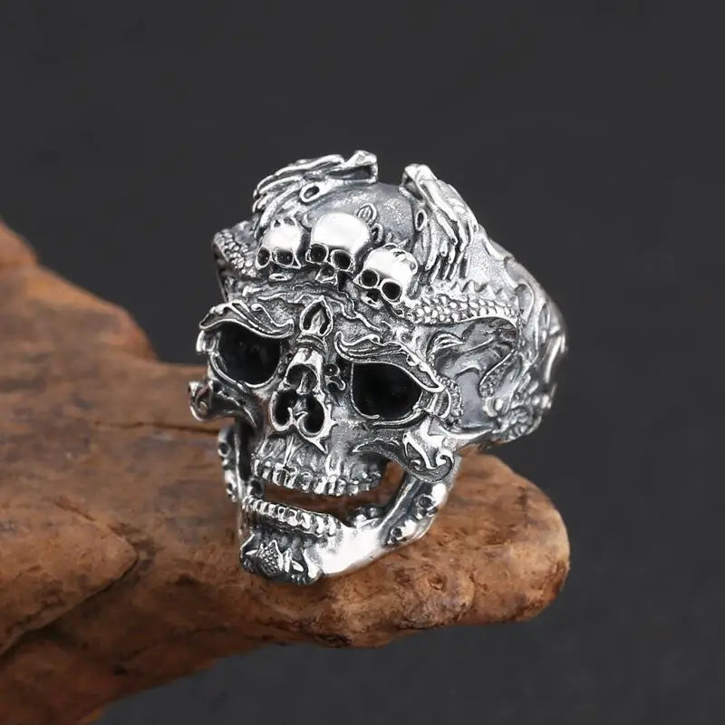 Fashion And Personality, Retro And Domineering Three Skull Ring, Open Mouth Men's Street Punk Hip-Hop Ring Bracelet