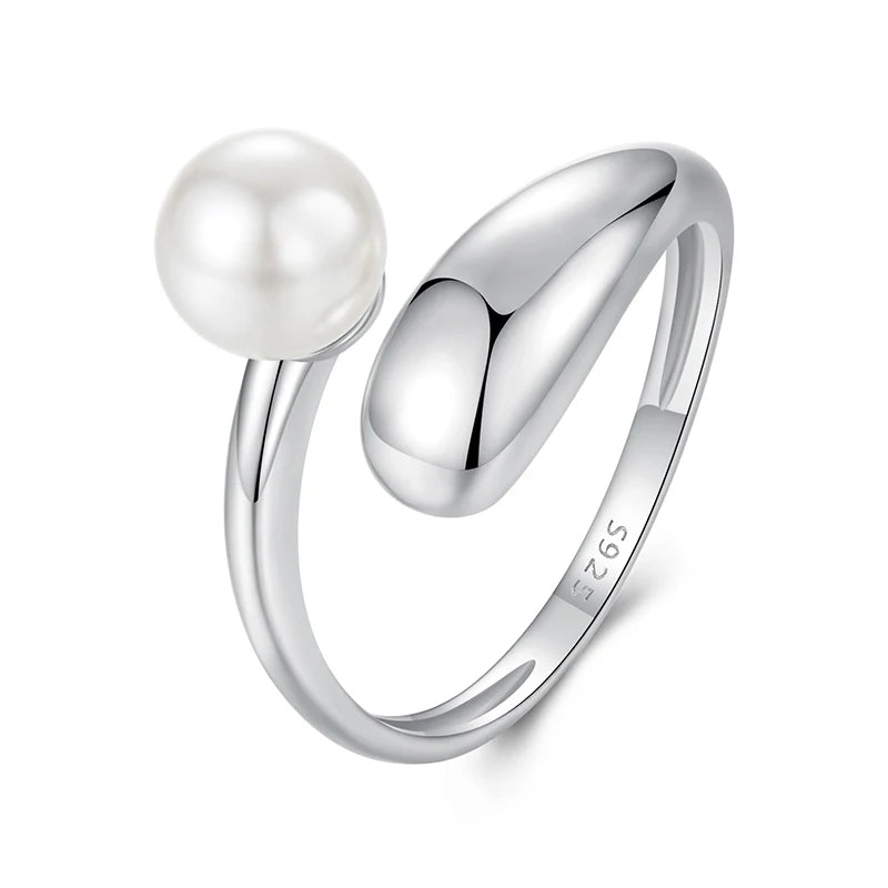 WOSTU Real 925 Sterling Silver Pearl Opening Ring Water Drop Adjustable Rings Girl Punk Party Jewelry Mother's Day Gift