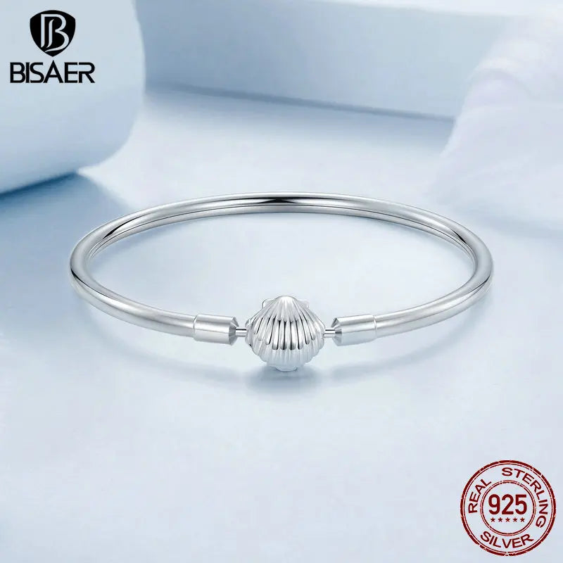 BISAER 925 Sterling Silver Sea-Shell Basic Bracelet Shell Buckle Bangle Plated White Gold for Women Charm Bead DIY Fine Jewelry