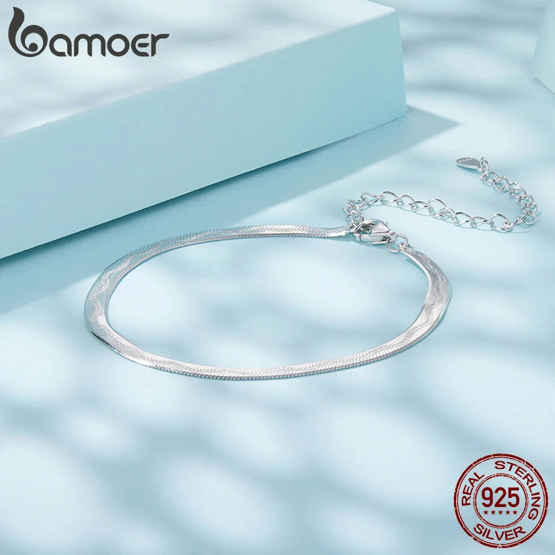Bamoer 925 Sterling Silver Wide Snake Chain Bracelet Stackable Snake Printed Wrist Bracelet Pack for Women Dainty Gift