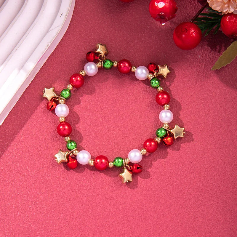 Christmas Multicolor Beads Beaded Bracelet For Women Shiny Crystal Zircon Elk Bell Star Imitation Pearl Bangle New Year Jewelry