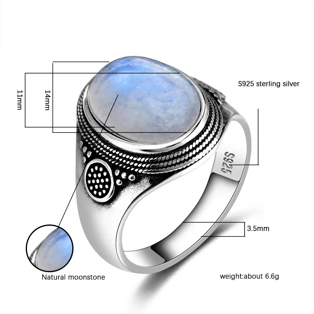 Vintage 925 Sterling Silver Ring Natural Moonstone Ring 10*14mm Oval Large Stone Retro Silver Fine Jewelry Gift For Women Men