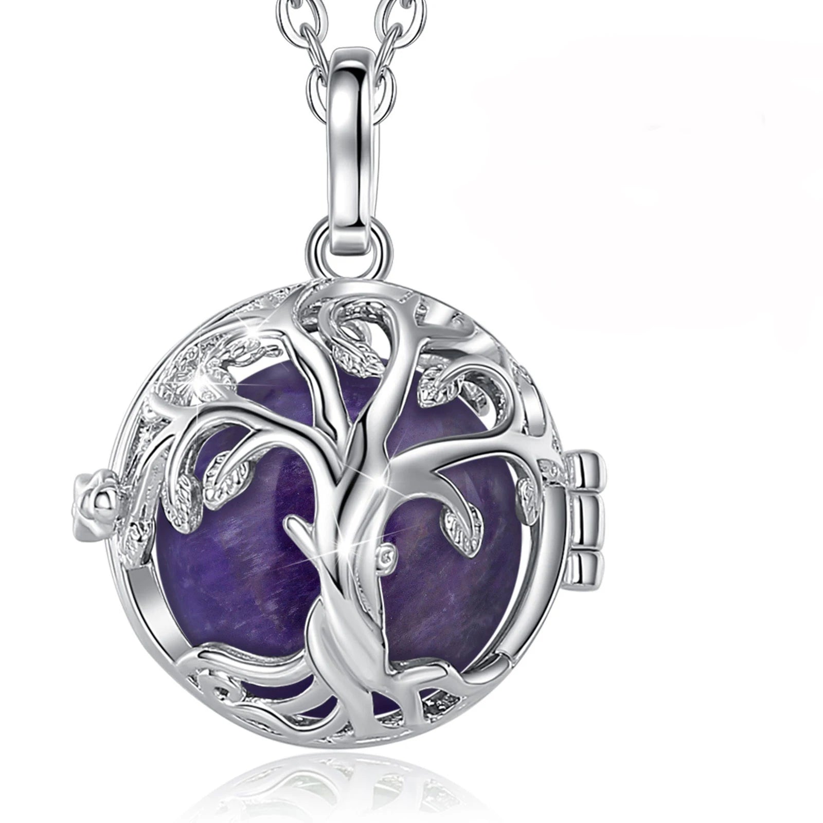 Eudora Tree of Life Cage Amethyst Necklace Energy Healing Crystal Stone Obsidian Lapis Pendant Spiritual Jewelry Meditation Gift