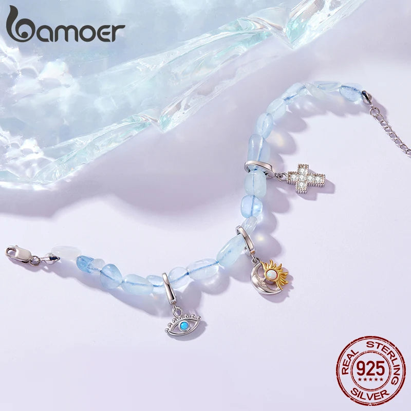 BAMOER 925 Sterling Silver Blue Crystal Bracelet Handmade Gem Beads Adjustable Dainty Wrist Chain Girls Sweet Gift Fine Jewelry