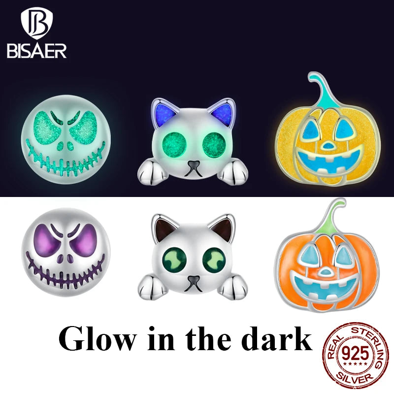 BISAER Boucles d'oreilles à tige lumineuses en argent sterling 925 en forme de mini citrouille en émail pour fille, bijoux fins originaux pour fête d'Halloween