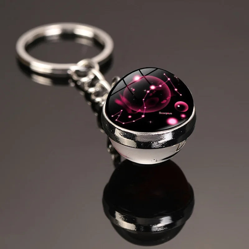 New Starry Sky Twelve Constellations Keychain Time Gemstone Double Sided Glass Ball Metal Keyring Bag Decoration Metal Keyholder