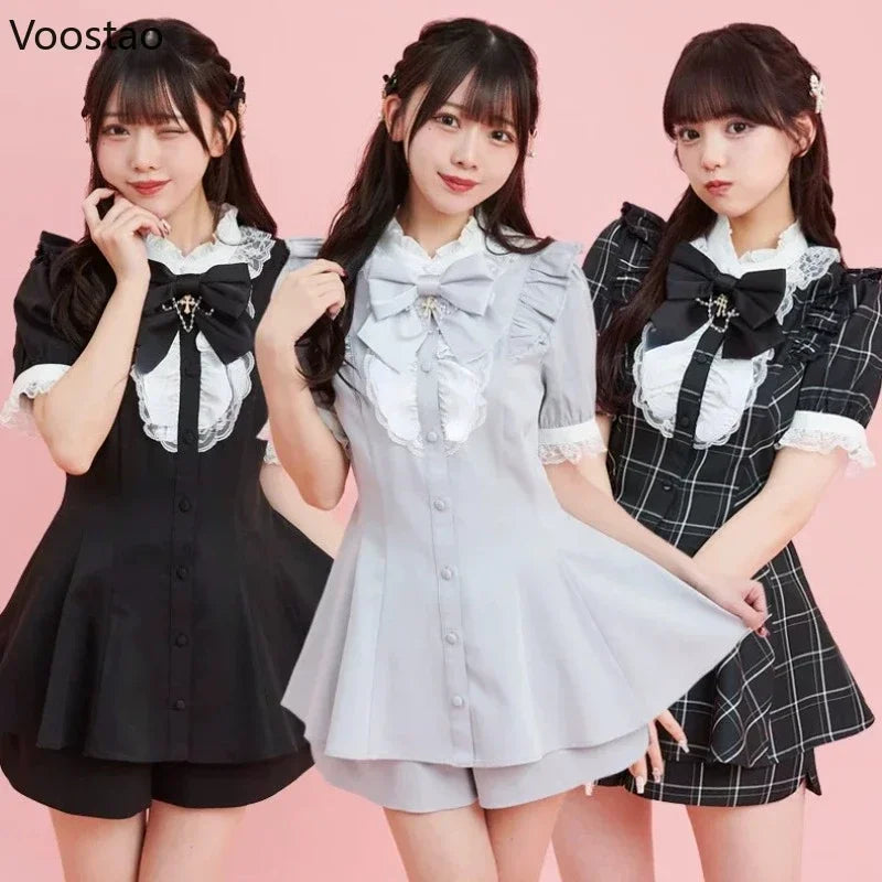 Vintage Lolita Plaid Bow Dress Shorts Set Women Gothic Cross Lace Ruffles Shirt Party Dress 2 Piece Sets Japanese Y2k Outfits