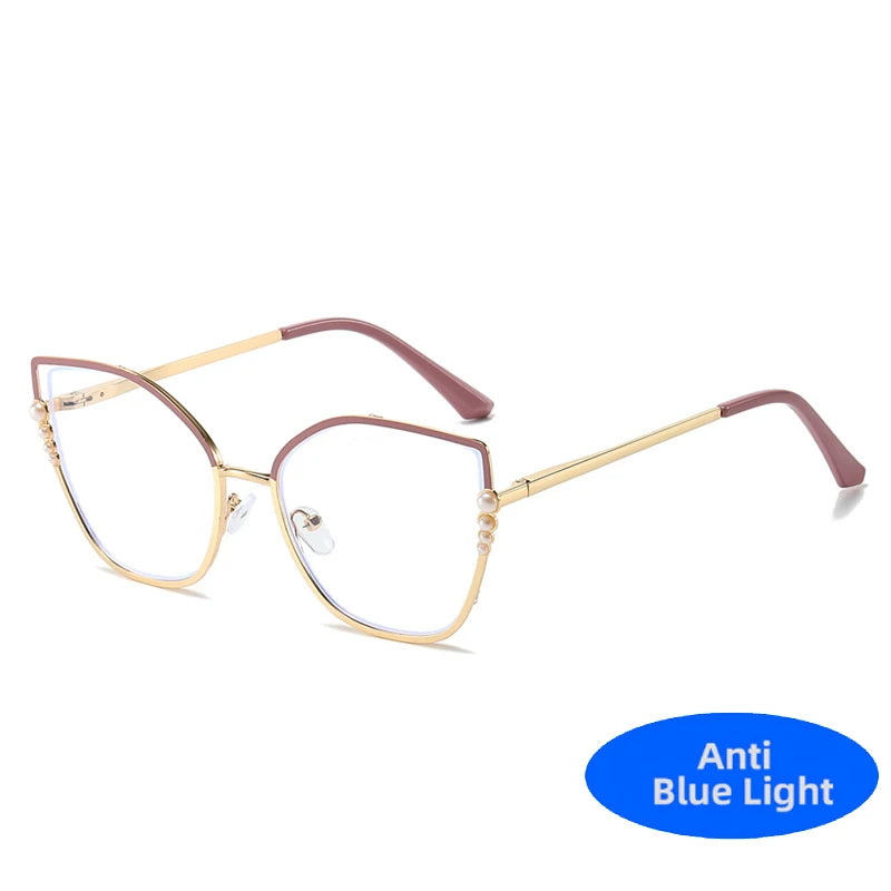 High Quality Metal Computer Glasses Frame Women Men Anti Blue Light Pearl Cat Eye Eyewear Blocking Optical Spectacle Eyeglass