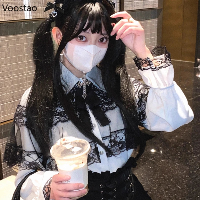 Gothic Y2k Lolita Style Shirts Women Kawaii Lace Ruffles Long Sleeves Blouse Female Japanese Victorian Vintage Clothes Cute Tops
