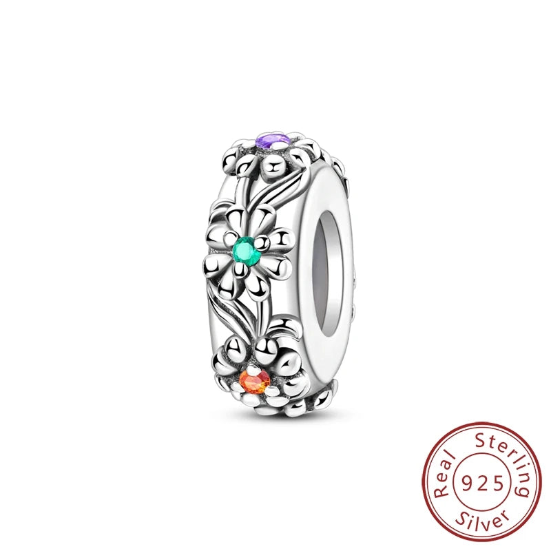 Charms 100% 925 Sterling Silver Flowers Colorful Zircon Silicone Spacer Beads Fit 3mm 925 Original Bracelets Fine DIY Jewelry