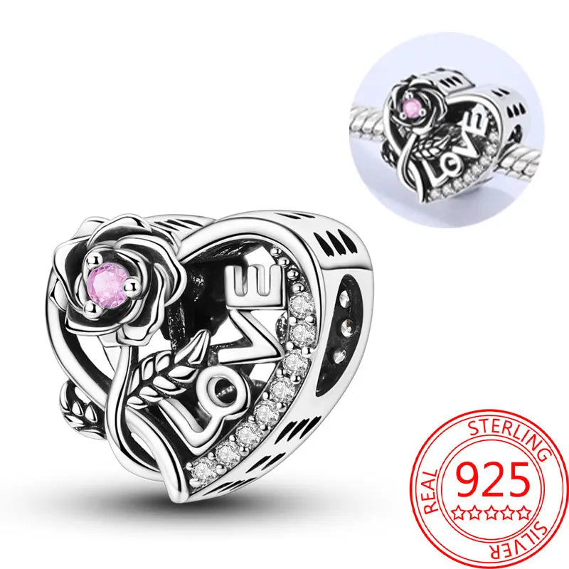 925 Sterling Silver Sparkling Pink Heart Charm Pendant Beads Fit Original Bracelet for Women Valentine Day Jewelry Gifts