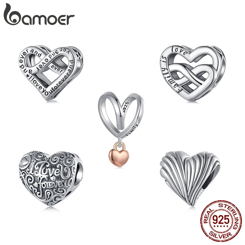 BAMOER - Breloque en forme de cœur en argent sterling 925 massif à motif rétro - Compatible avec les bracelets et colliers originaux - Bijoux DIY - Breloque en forme de cœur Bamoer