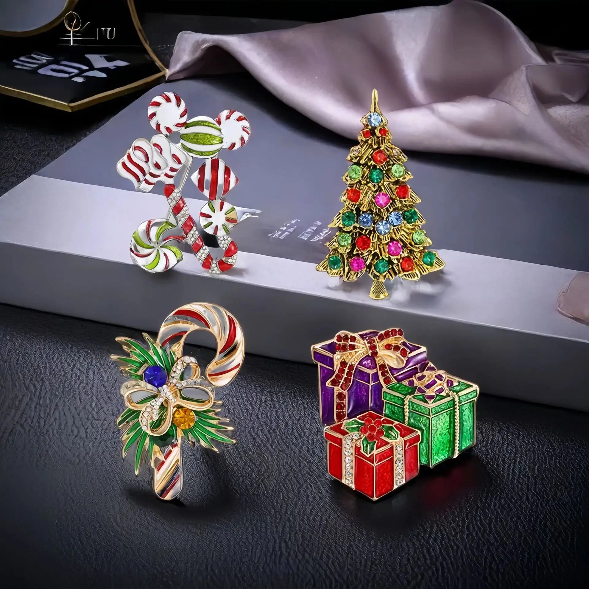 Christmas Colorful Enamel Brooches for Women Unisex Rhinestone Xmas Tree Gift Box Candy Rod Crutch Brooch Pins Party Jewelry