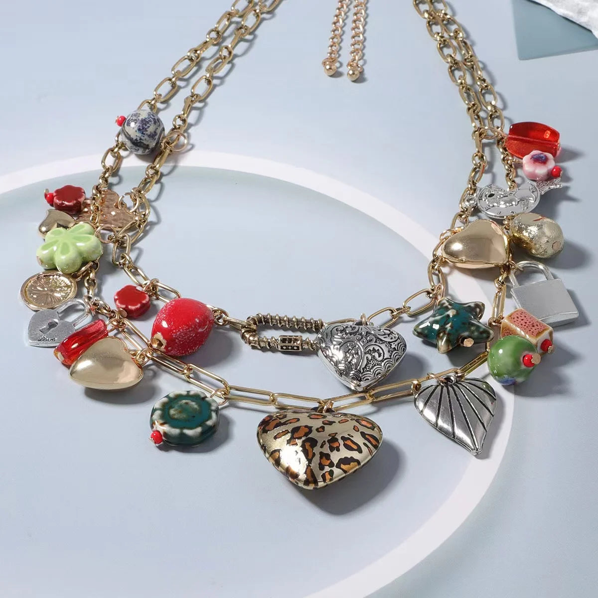 ZAA Vintage Double-layer Heart-shaped Lock Tassel Pendant Necklace Jewelry