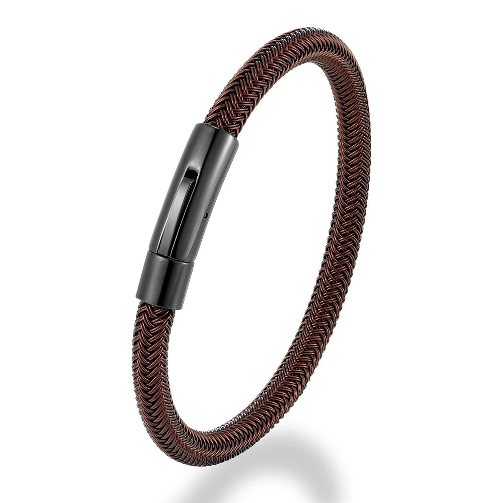 MKENDN Punk Simple Style Men Jewelry Coffee Non-fading Steel Wire Rope Bracelet Classic Cuff Charm Bracelet for Men Male Gifts