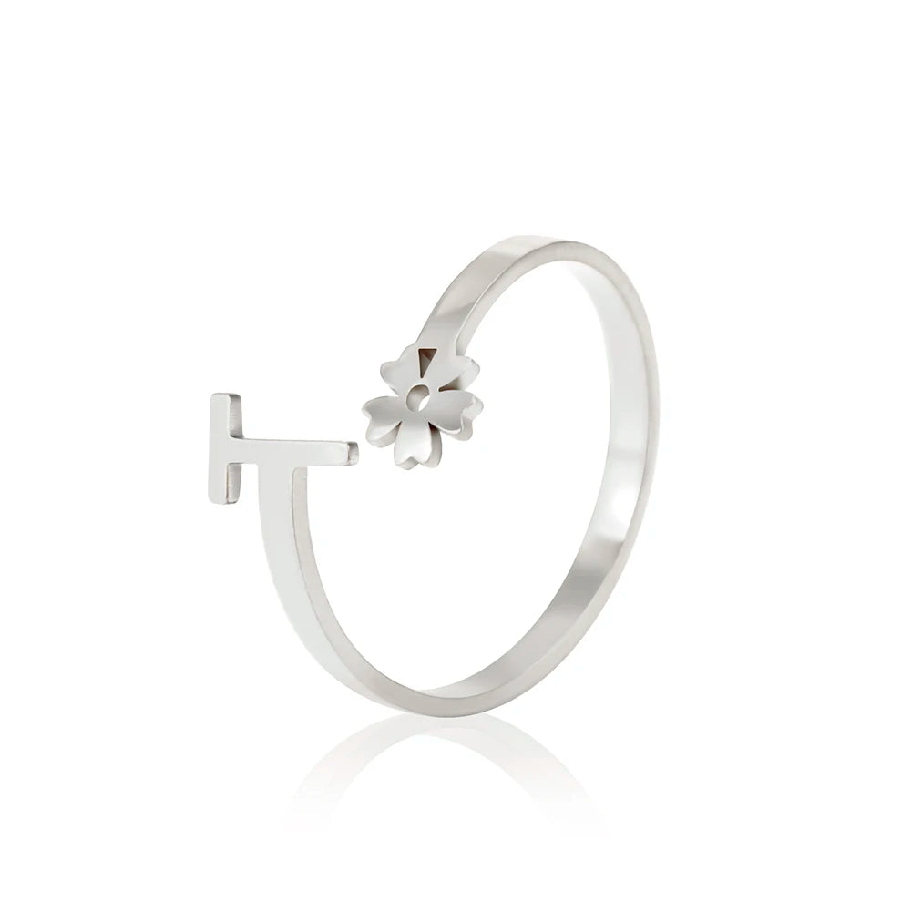 Stainless Steel Flower 26 Alphabet Open Ring for Women A-Z Initial Name Ring 2022 New Fashion Jewelry for Birthday Gift