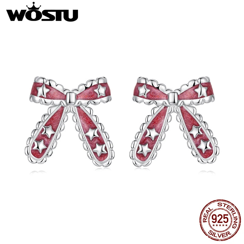 WOSTU Solid 925 Sterling Silver Silver Red Bow Earrings with Stars, Cute Xmas New Year Gift