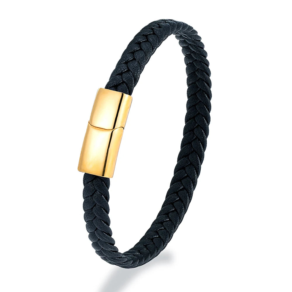 MKENDN Simple Classic Stainless Steel Bracelet for Women Men Genuine Braided Leather Bangles Special Couple Jewelry Gift